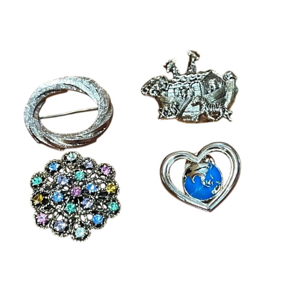 Vintage Lot Brooches Lapel Pins Gold Tone Noahs‎ Ark World Heart Filigree Circle